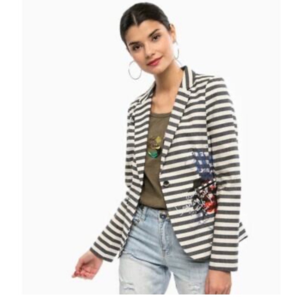 Desigual Striped Dark Blue and White Women's Blazer